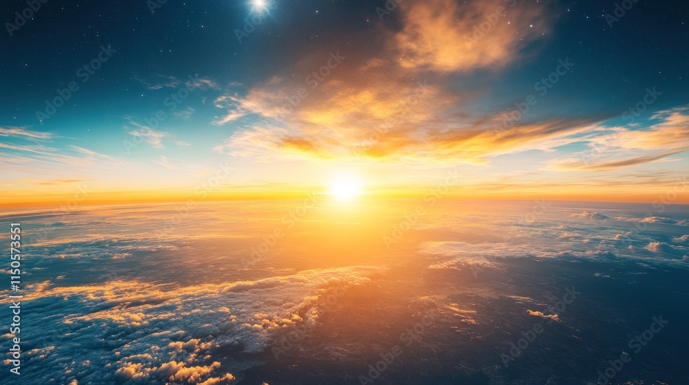 Majestic sunset view from high above the clouds, with vibrant colors and a celestial moon. Majestic sunset view from high above the clouds, with vibrant colors and a celestial moon.