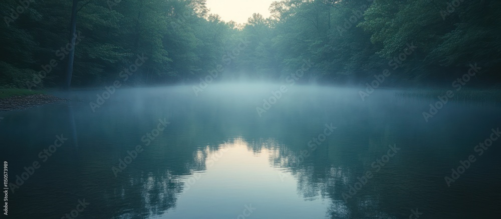Misty lake at dawn with forest reflections.