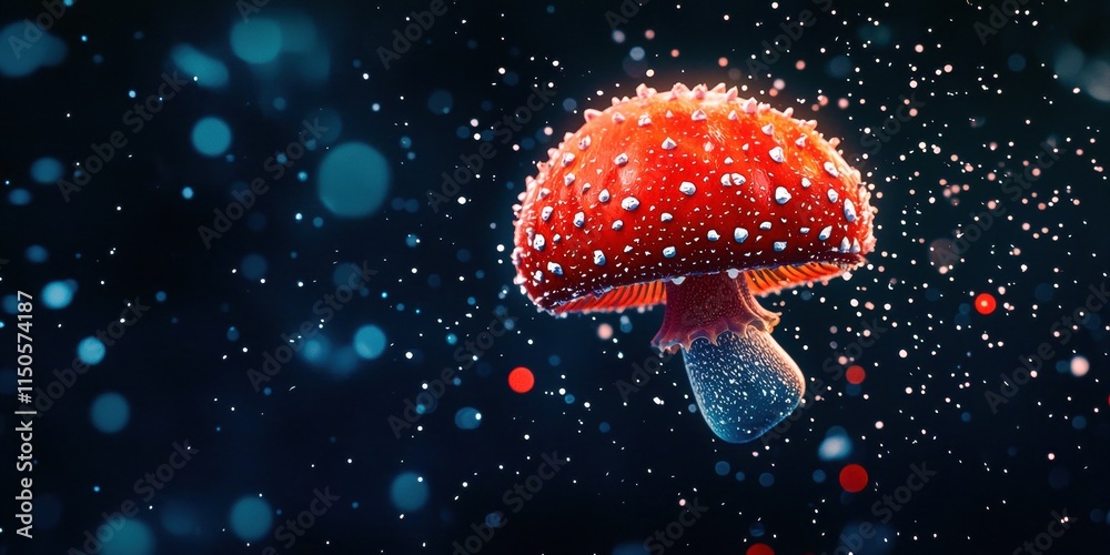 Red mushroom with white spots is floating in the air Red mushroom with white spots is floating in the air