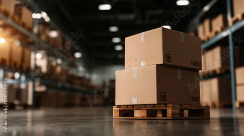Two sturdy cardboard boxes stacked neatly on a wooden pallet in a warehouse; rows of similar boxes blur in the background, creating a sense of organized inventory and efficient logistics.