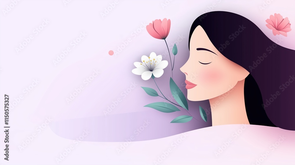 Minimalistic female profile with a gentle smile, holding a tulip and a daisy on a soft pastel background, emphasizing simplicity and charm Minimalistic female profile with a gentle smile, holding a tulip and a daisy on a soft pastel background, emphasizing simplicity and charm