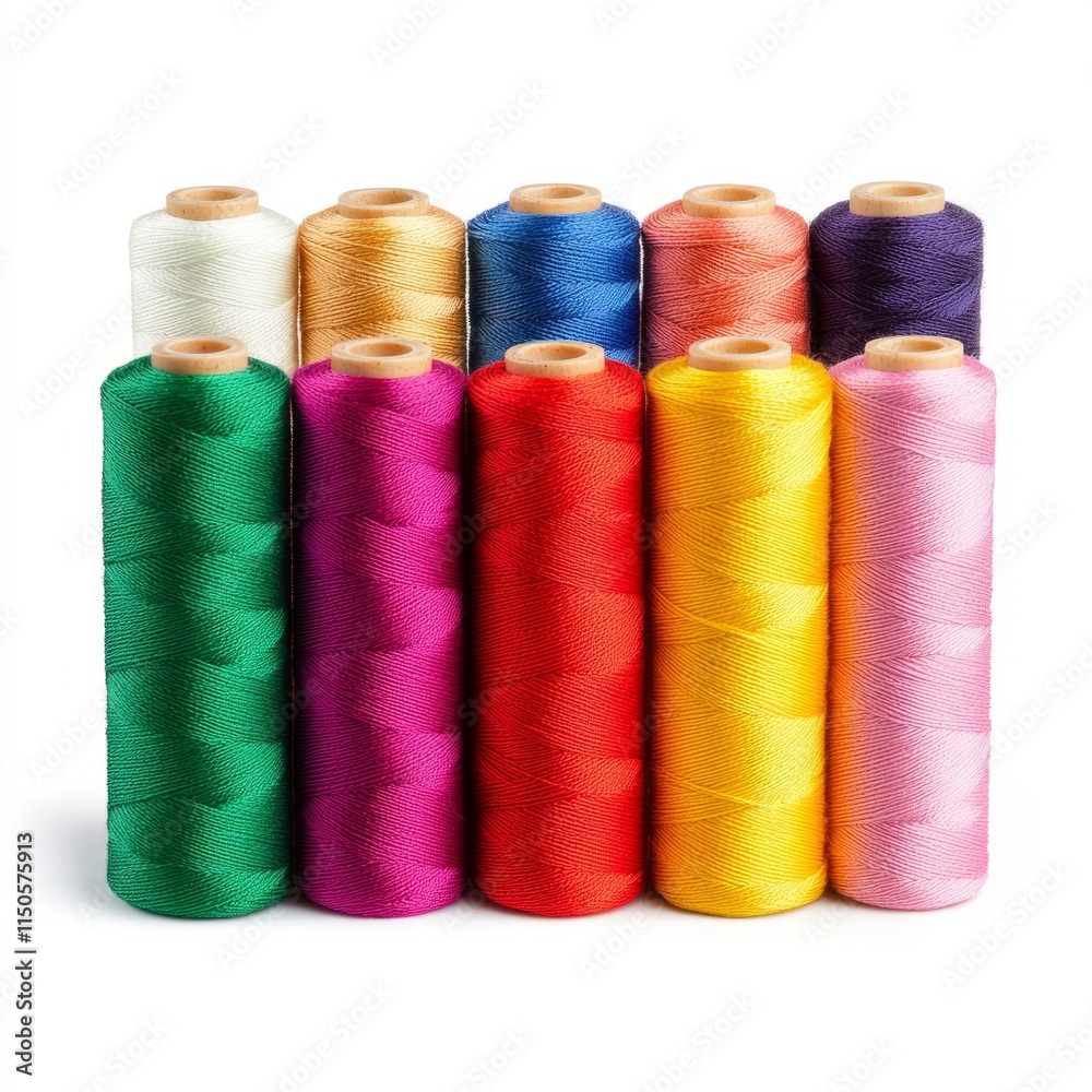 A set of sewing threads in vibrant colors on a white background A set of sewing threads in vibrant colors on a white background