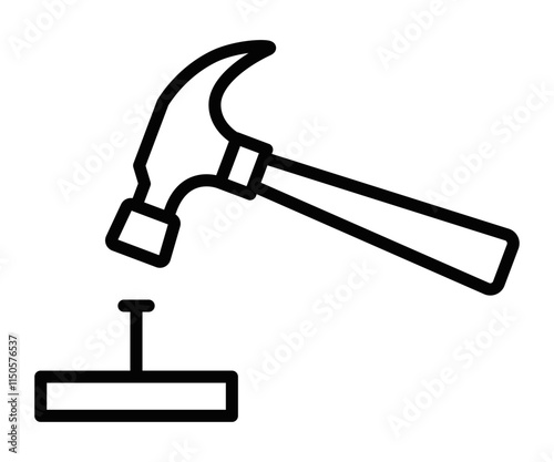 Hammer hitting nail vector illustration in line style. Editable stroke.