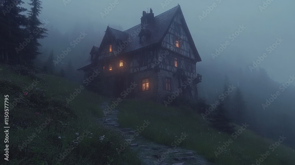 Misty mountaintop fairytale house at twilight. Misty mountaintop fairytale house at twilight.