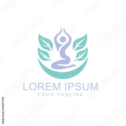 Wellness, Mental Health Yoga logo with green leaves, yoga poses, lotus, Logo and Icon template