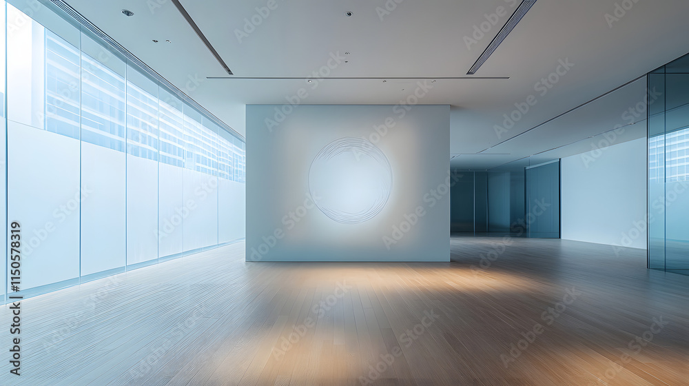 Fototapeta premium A spacious room with a floating glass panel showcasing a hand-drawn symbol.