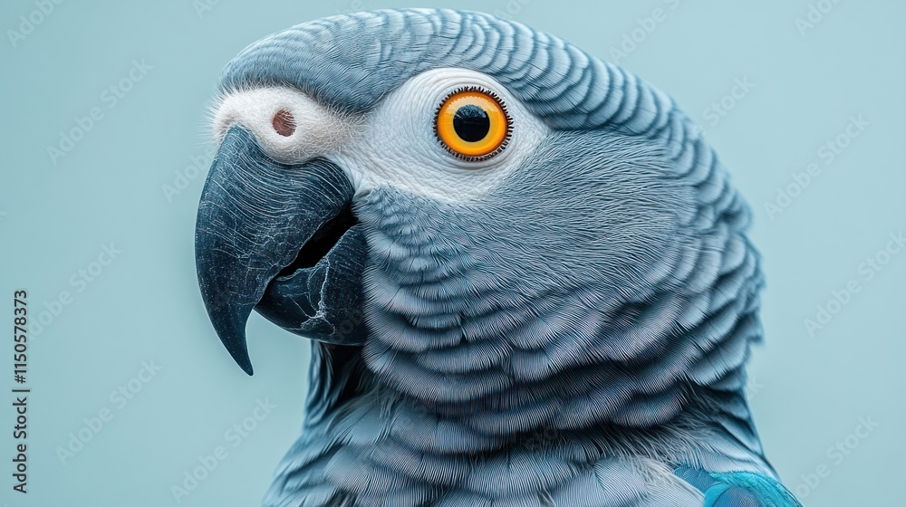 Fototapeta premium Close-up profile portrait of a grey parrot with vibrant orange eyes against a light blue background.
