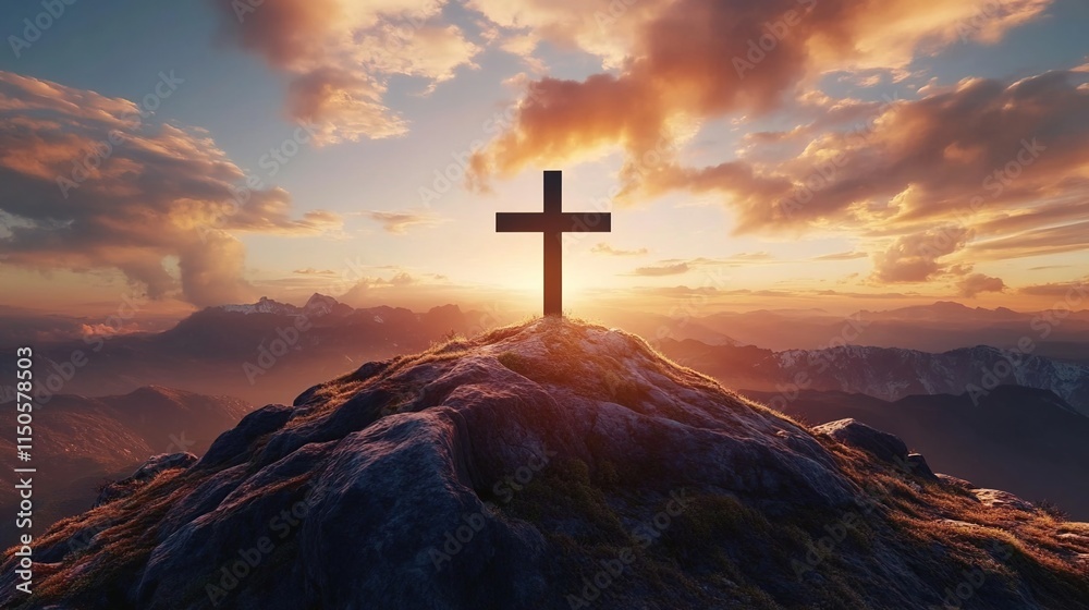 Black cross on top of a mountain with a beautiful sunset sky Black cross on top of a mountain with a beautiful sunset sky