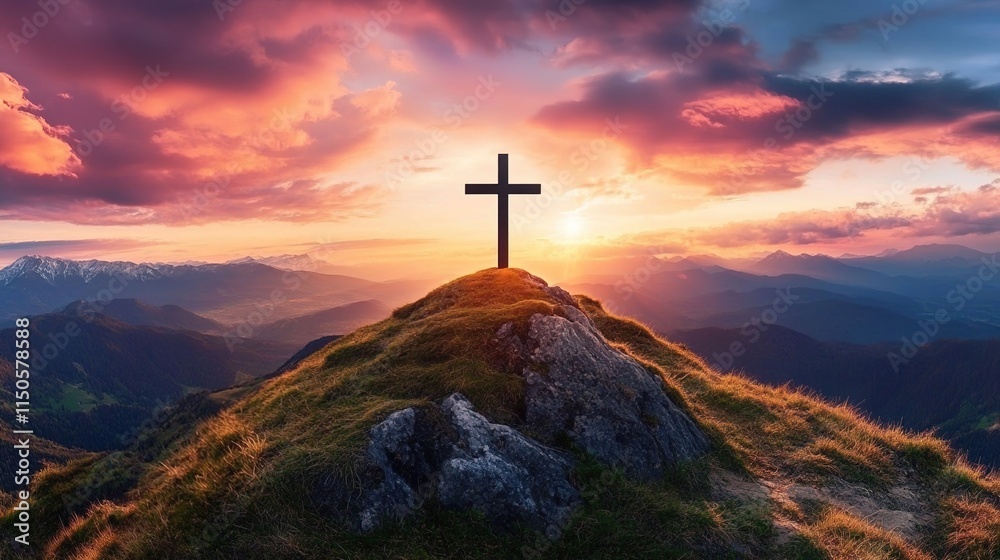 Black cross on top of a mountain with a beautiful sunset sky Black cross on top of a mountain with a beautiful sunset sky