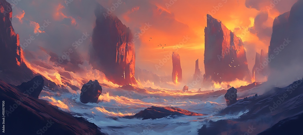 Fototapeta premium A dramatic coastal landscape with steep cliffs, crashing waves below, and the golden light of sunset illuminating the rocky formations 