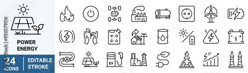 Power and energy web line icons set. Energy generation station. Vector illustration alternative renewable energy sources included solar, tidal, geothermal and biomass Editable strokes