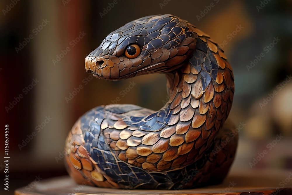 Obraz premium Close-Up of a Coiled Wooden Snake Sculpture with Detailed Scales and Glossy Finish, Symbolizing the Chinese Zodiac Year of the Wooden Snake, Earthy and Deep Blue Tones with Soft Background