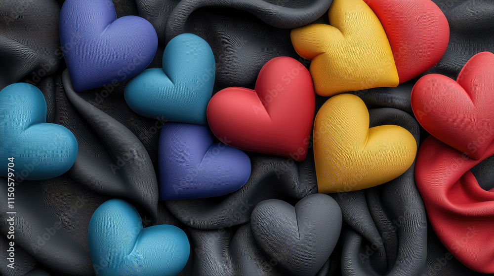 Fototapeta premium Colorful hearts on textured fabric create vibrant and playful scene, evoking feelings of love and joy. arrangement of blue, red, yellow, and black hearts adds depth and interest