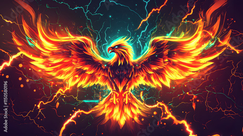 A dynamic design of a stylized thunderbird surrounded by lightning bolts.
