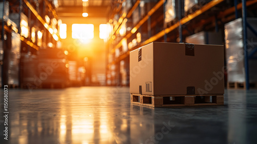 Single cardboard box on pallet in a sunlit warehouse. Logistics, shipping, and distribution concept.  Ready for transport. photo