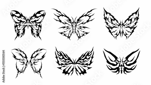 Set of neo tribal butterfly vector in abstract black shapes, gothic style sigilism hand drawn for tattoo, streetwear, t-shirt print apparel