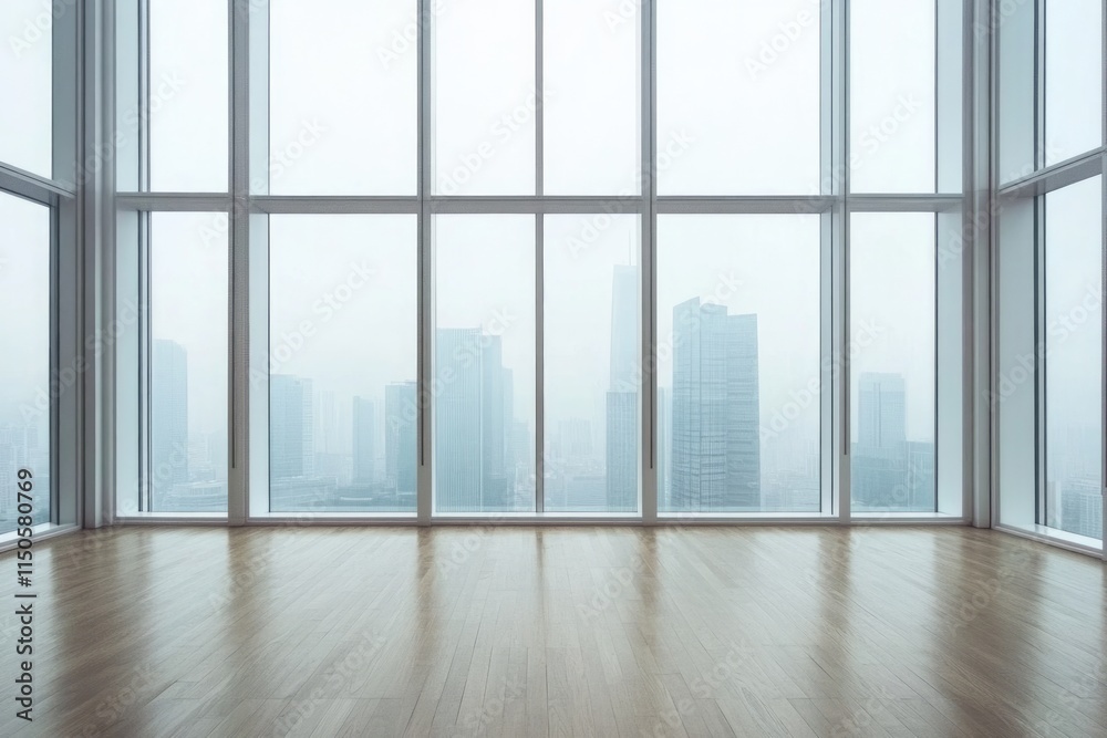 Spacious Interior featuring Expansive Windows and a Warm Wooden Floor in a Modern White Empty Room Spacious Interior featuring Expansive Windows and a Warm Wooden Floor in a Modern White Empty Room