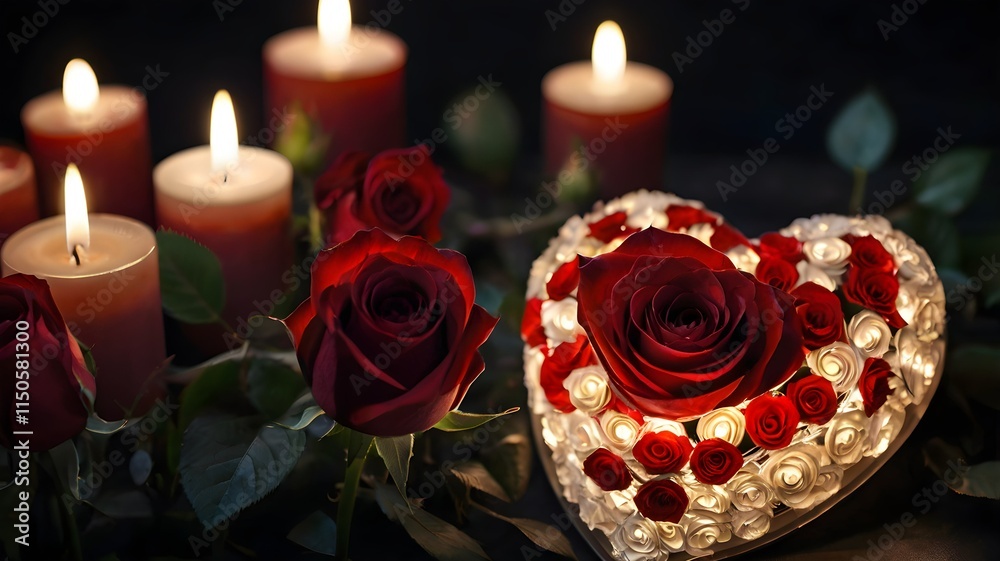 Romantic Heart-Shaped Rose Arrangement with Candles Romantic Heart-Shaped Rose Arrangement with Candles