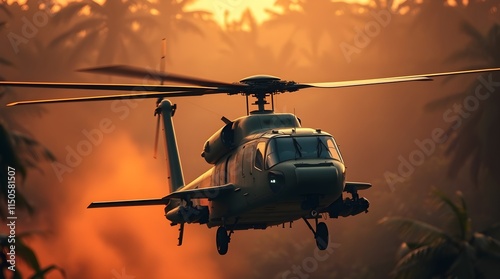 A graceful, elegant military helicopter in a jungle combat zone. Bright lens flare, soft pastel colors, light streaks, vibrant colors.  photo