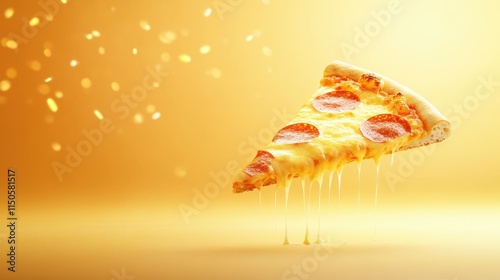 Delicious Slice of Pizza Held Up in Hand Against Rustic Background Highlighting Cheesy Texture and Toppings Evoking Comfort Food and Culinary Delight photo