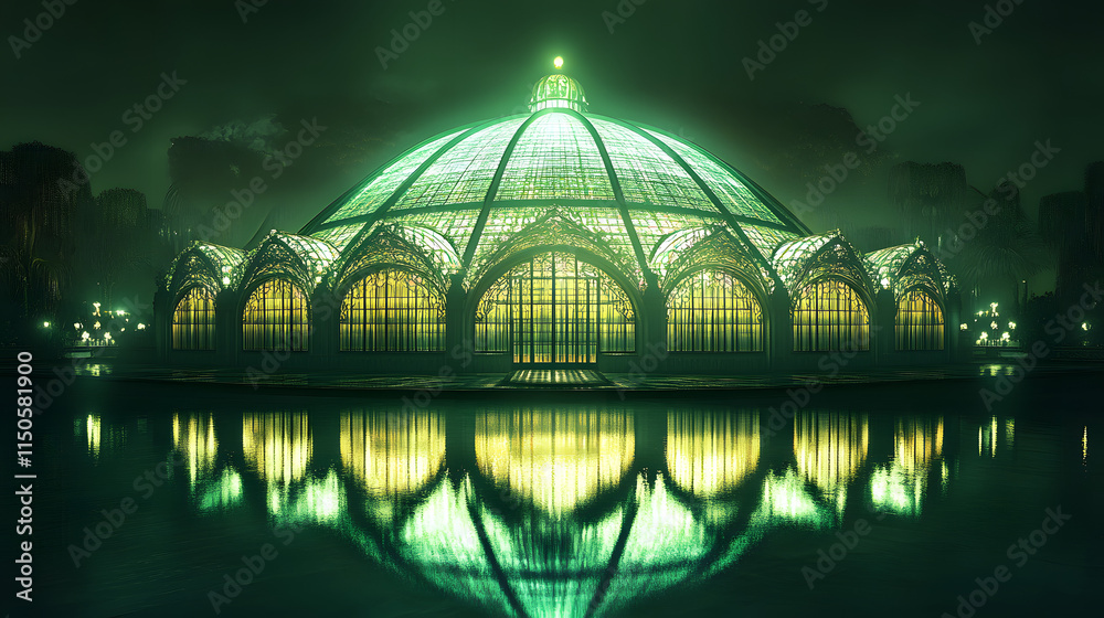 Fototapeta premium A surreal domed greenhouse glowing with soft green and amber lights surrounded by reflective water.