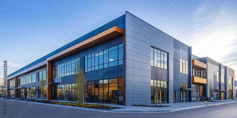 Fototapeta premium Modern industrial building with a gray and blue color scheme