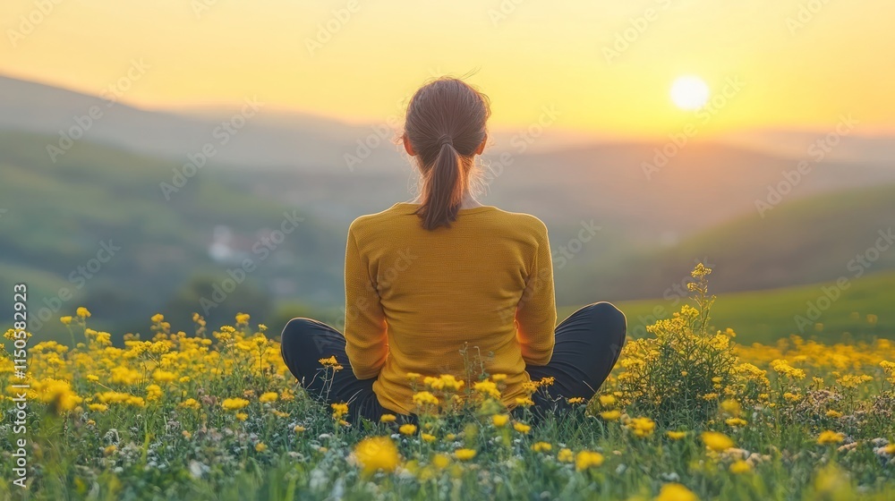 Fototapeta premium Woman meditating in a field at sunset.