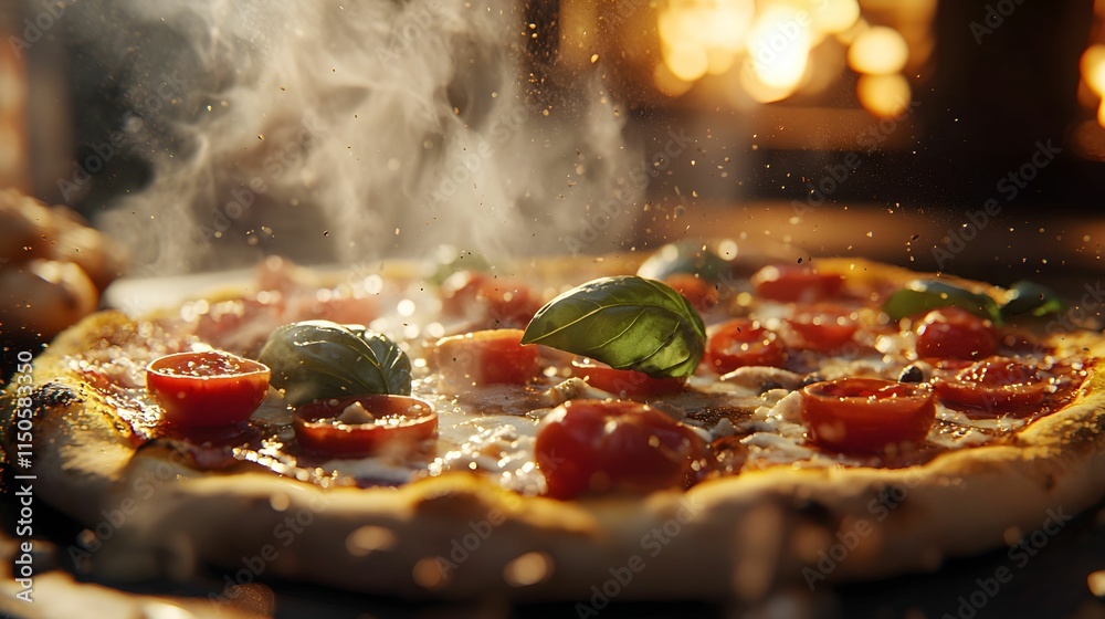 Freshly baked pizza with tomatoes and basil emerging from a wood-fired oven Freshly baked pizza with tomatoes and basil emerging from a wood-fired oven