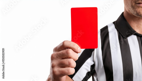 Close-up of a referee holding a red card against a white background photo