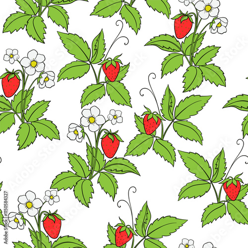 Seamless Pattern With Drawn Strawberry Bushes On A White Background