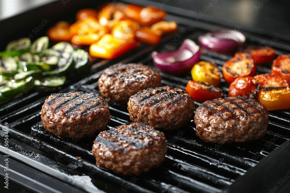 Grilled burgers and vegetables sizzling on a barbecue at a summer gathering Grilled burgers and vegetables sizzling on a barbecue at a summer gathering