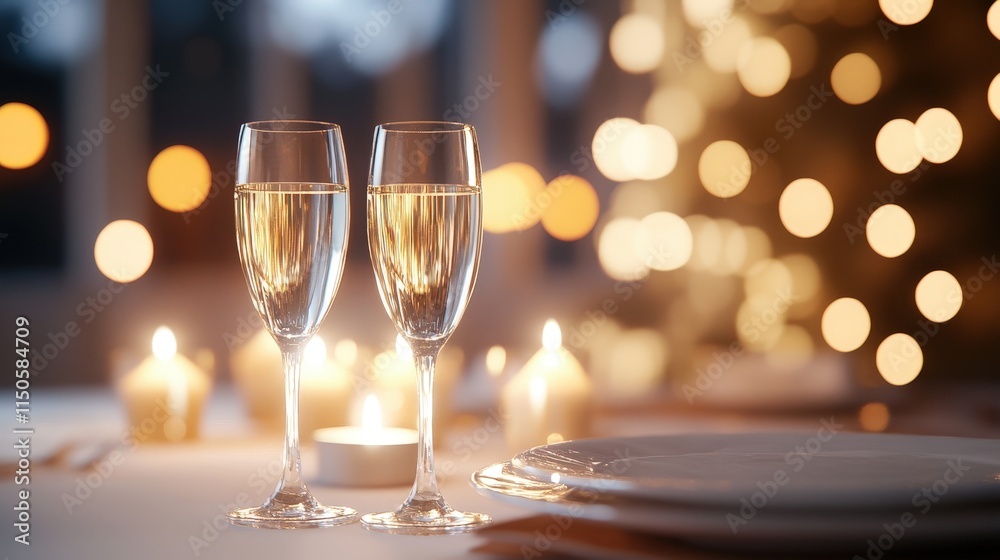 Elegant Celebration with Two Glasses of Sparkling Champagne on a Table Surrounded by a Warm Softly Lit Background Creating a Joyful Atmosphere Elegant Celebration with Two Glasses of Sparkling Champagne on a Table Surrounded by a Warm Softly Lit Background Creating a Joyful Atmosphere
