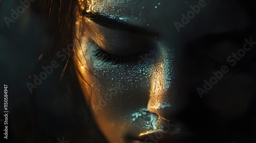 A tearful face with closed eyes glowing softly against a dark background.