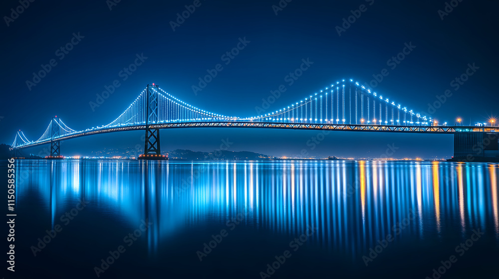 Fototapeta premium A towering bridge glowing with soft blue lights reflecting over a shimmering bay.