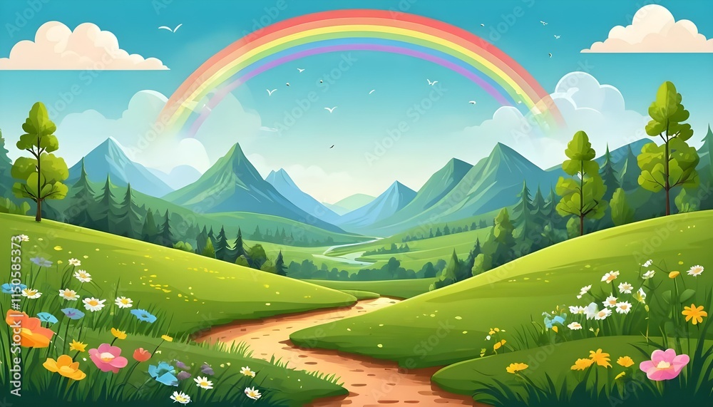 Fototapeta premium Breathtaking Nature Scene Background Featuring a Vibrant Rainbow Arching Across the Sky in a Serene Landscape