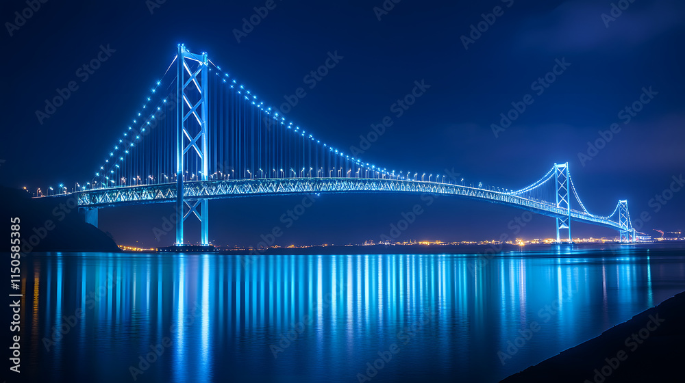Obraz premium A towering bridge glowing with soft blue lights reflecting over a shimmering bay.
