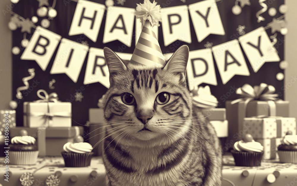 Fototapeta Tabby cat in party hat with gifts and cupcakes.