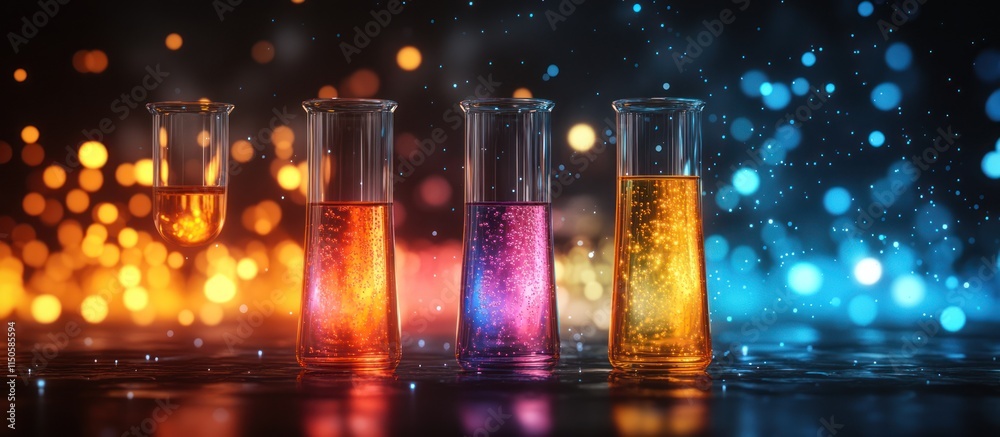 Test tubes with colorful liquids, bokeh lights. Test tubes with colorful liquids, bokeh lights.