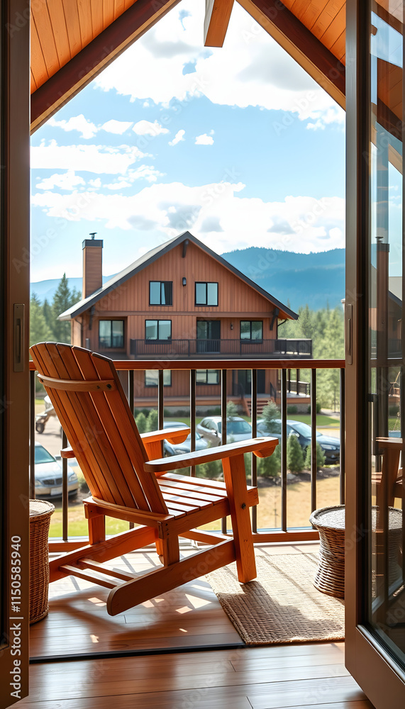 Fototapeta premium resort vacation home interior design wooden and cosy chair on comfort balcony daylight with beautiful nature sky background house beauty ideas concept, silhouette, with white tones