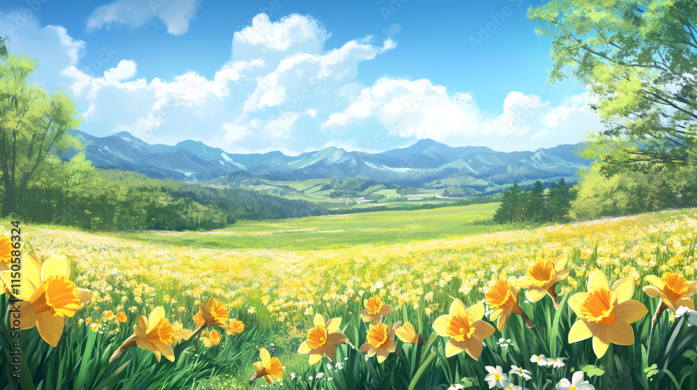 Yellow daffodils blooming in a wide green meadow with a mountain range in the background during a sunny spring day, perfect for easter Yellow daffodils blooming in a wide green meadow with a mountain range in the background during a sunny spring day, perfect for easter