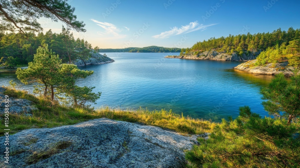 Naklejka premium Serene Lakeside Scenery: A Peaceful Nature Escape