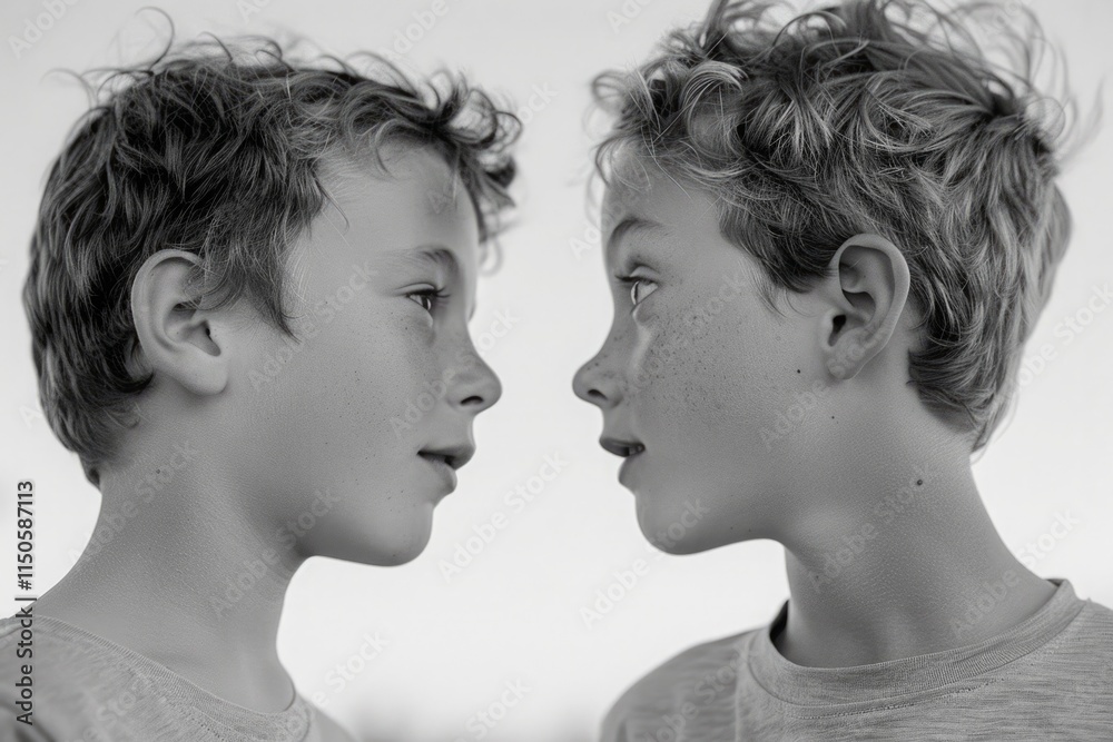 Two young boys with messy hair and a black and white photo of them Two young boys with messy hair and a black and white photo of them