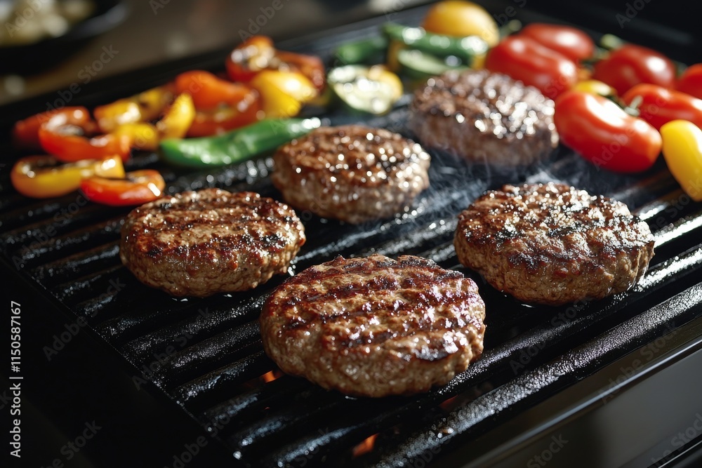 Grilled burgers and vegetables sizzling on a barbecue at a summer gathering Grilled burgers and vegetables sizzling on a barbecue at a summer gathering