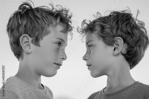 Two young boys with messy hair and a black and white photo of them photo