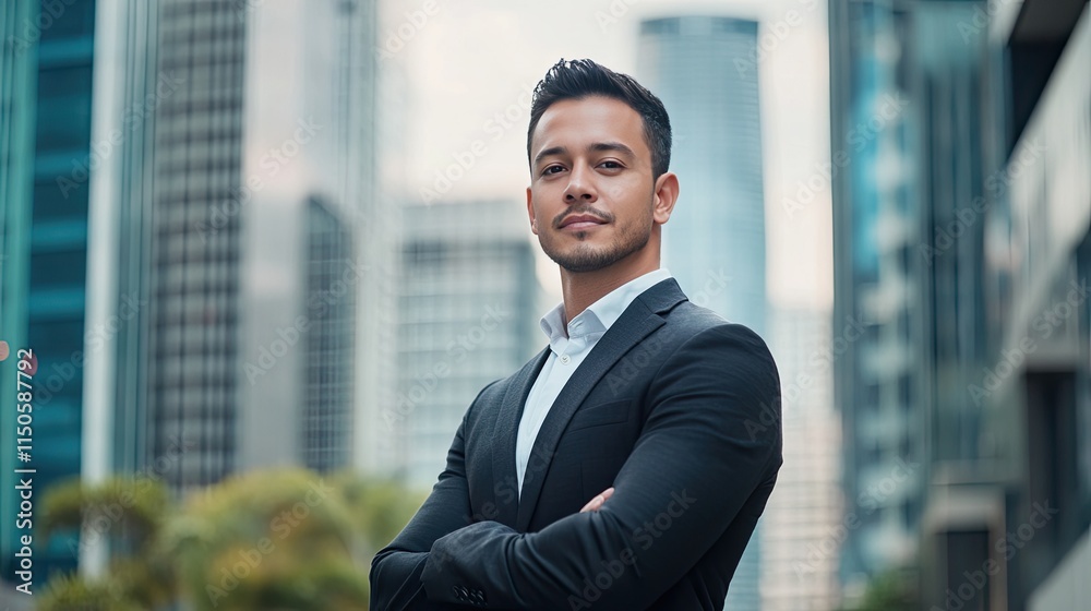 Business leader in a formal suit exuding success, posing against a modern cityscape background. Business leader in a formal suit exuding success, posing against a modern cityscape background.