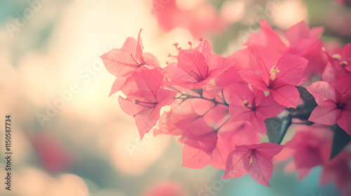 A grainy and blurred photo of a bougainvillea flower cluster captured on analog film. photo