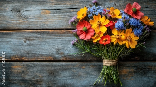 Wallpaper Mural A vibrant bouquet of colorful flowers arranged on a rustic wooden surface. Torontodigital.ca