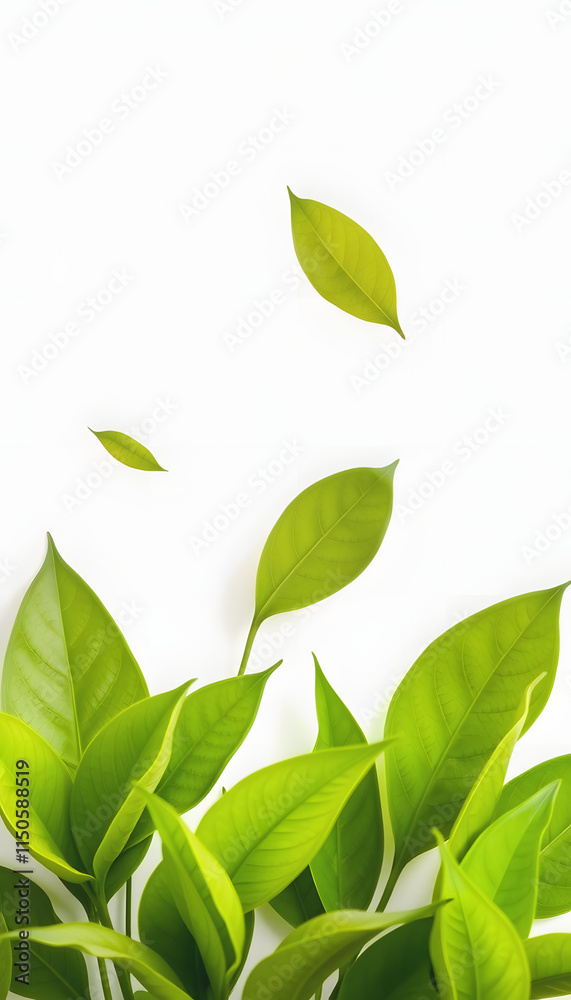 Obraz premium Green flying leaves isolated on white background with place foe text. Fresh tea, air purifier, organic, vegan, eco or beauty product concept design