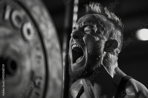 Intense weightlifting session in a gym, showcasing raw determination and effort during a challenging exercise photo