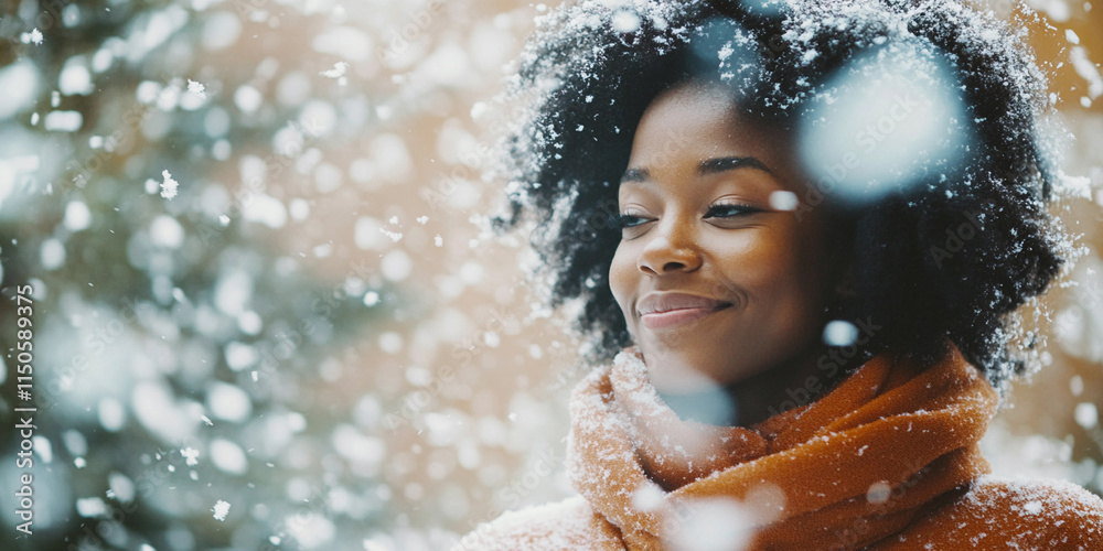 Fototapeta premium Young woman enjoys gentle snowfall in winter wonderland